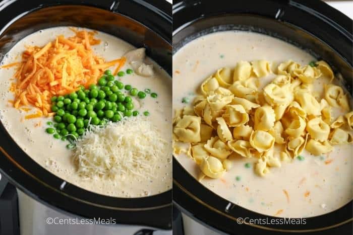 process of adding ingredients to crockpot to make Crockpot Chicken Tortellini