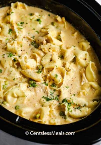 Crockpot Chicken Tortellini in the crockpot after cooking