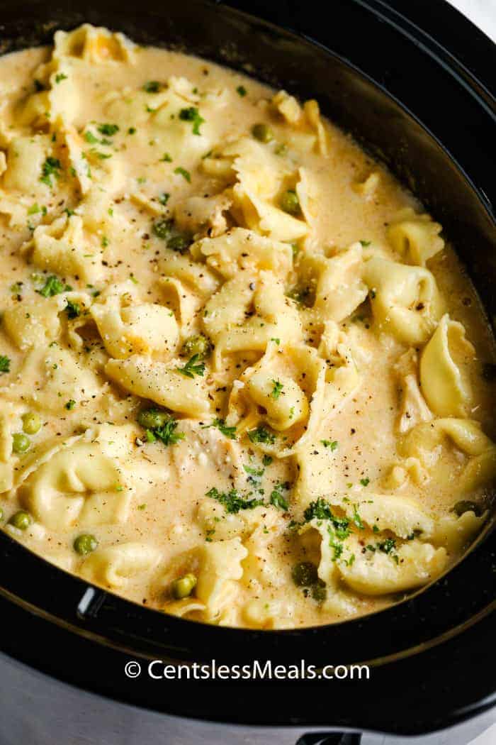 Crockpot Chicken Tortellini in the crockpot after cooking