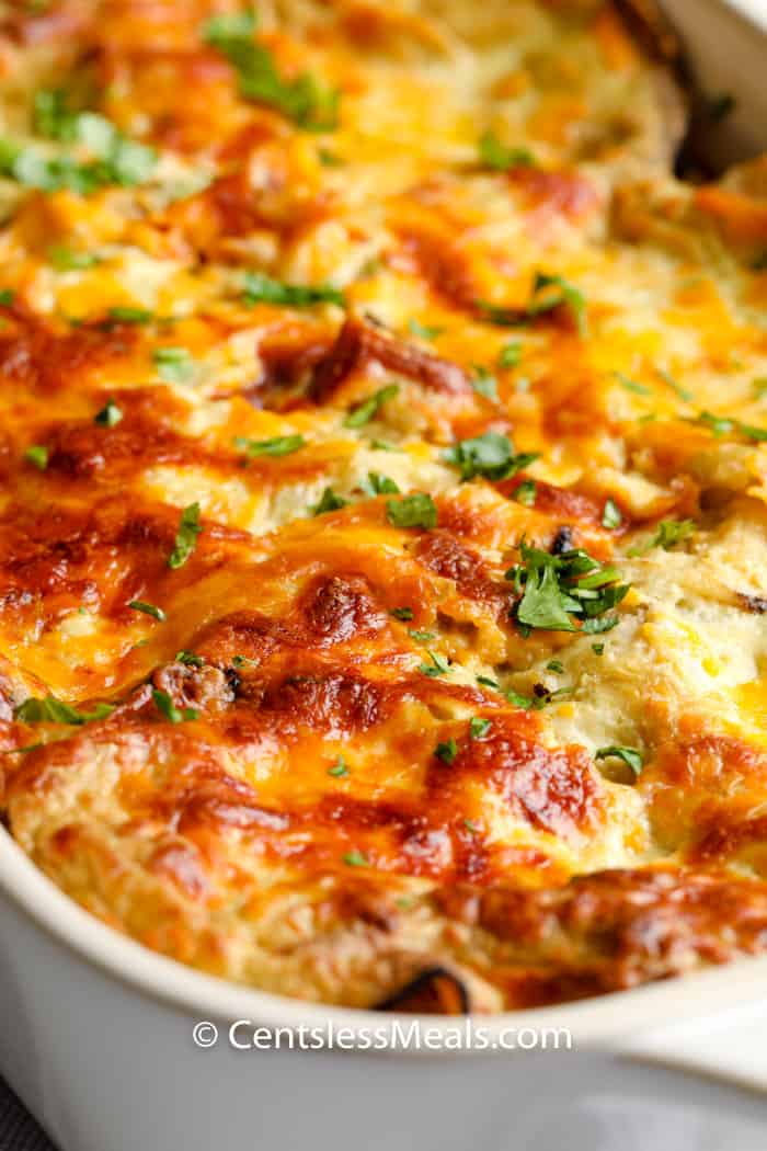 close up of cooked Enchilada Casserole
