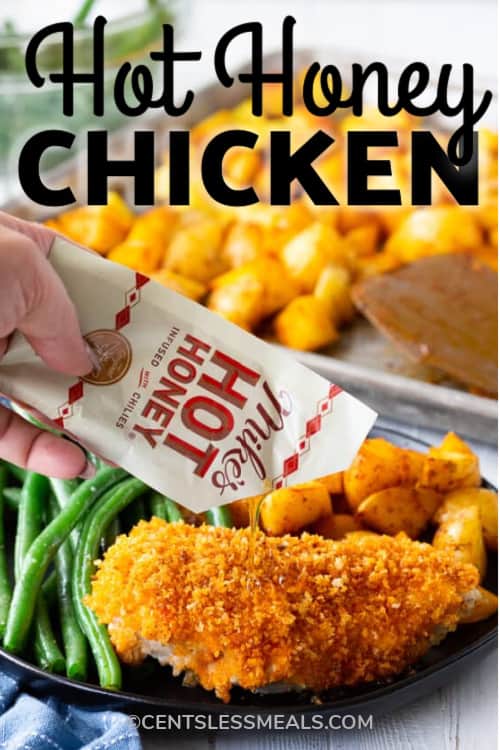 Drizzling a packet of hot honey over chicken, with a title.