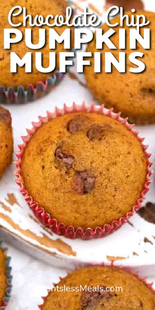 Pumpkin Muffins with chocolate chips on a board, with writing.