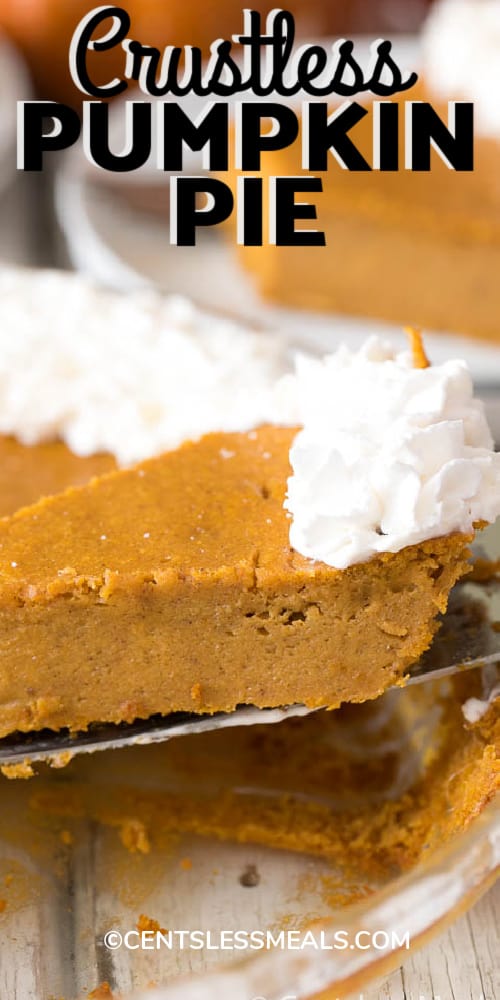 Piece of pumpkin pie on a pie server being served from the pie plate, with writing.