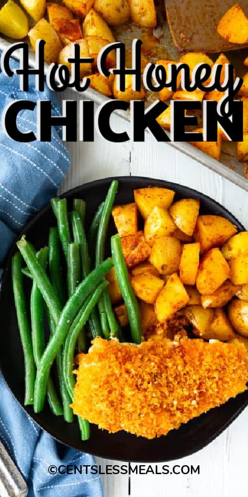 chicken, potatoes and green beans on a plate next to a blue napkin with a title.