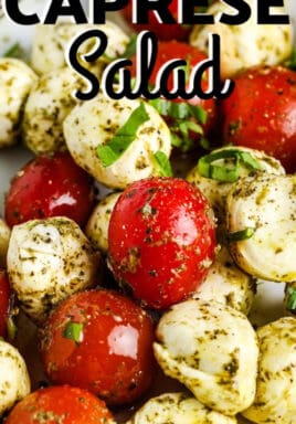 close up of Pesto Caprese Salad with a title