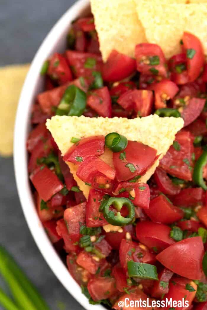 salsa with fresh tomatoes, served on a tortilla chip