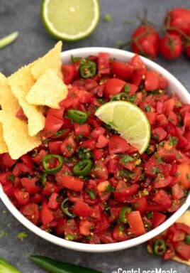 easy salsa served in a white bowl
