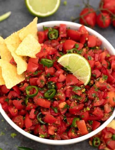 easy salsa served in a white bowl