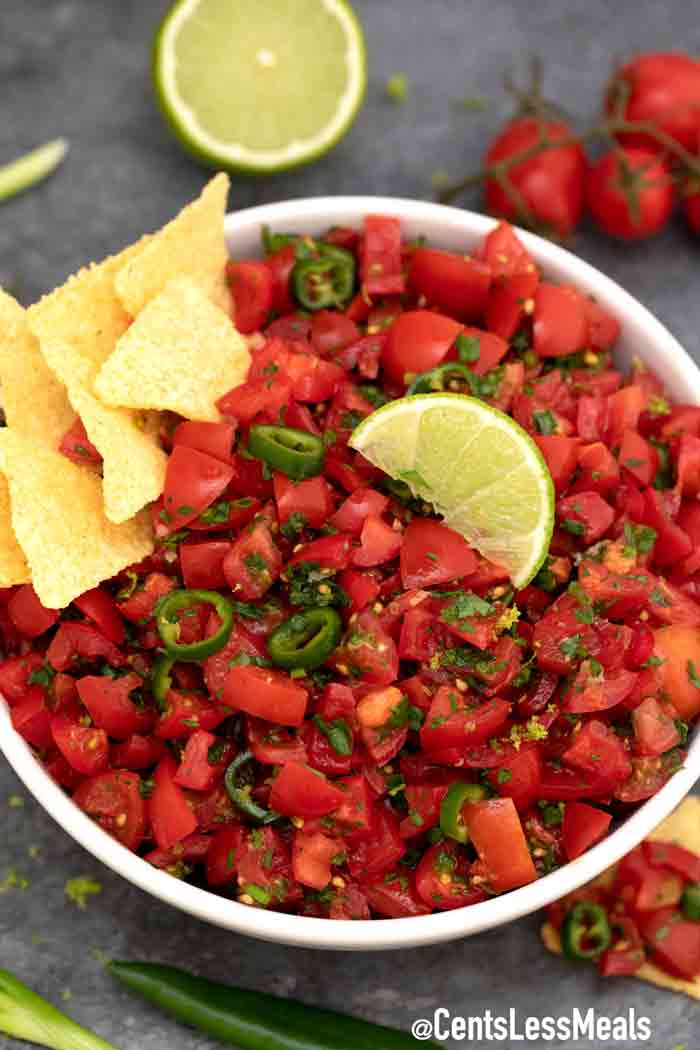 easy salsa served in a white bowl