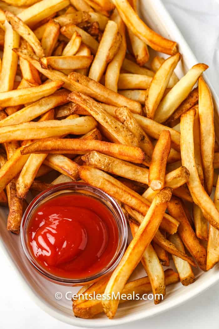 plated Air Fryer Frozen Fries with ketchup