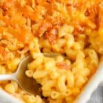 close up of cooked Creamy Macaroni & Cheese Casserole in a dish
