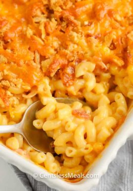 close up of cooked Creamy Macaroni & Cheese Casserole in a dish