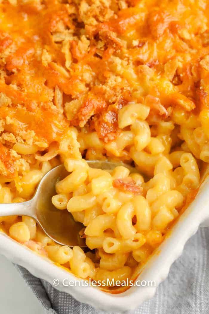 close up of cooked Creamy Macaroni & Cheese Casserole in a dish