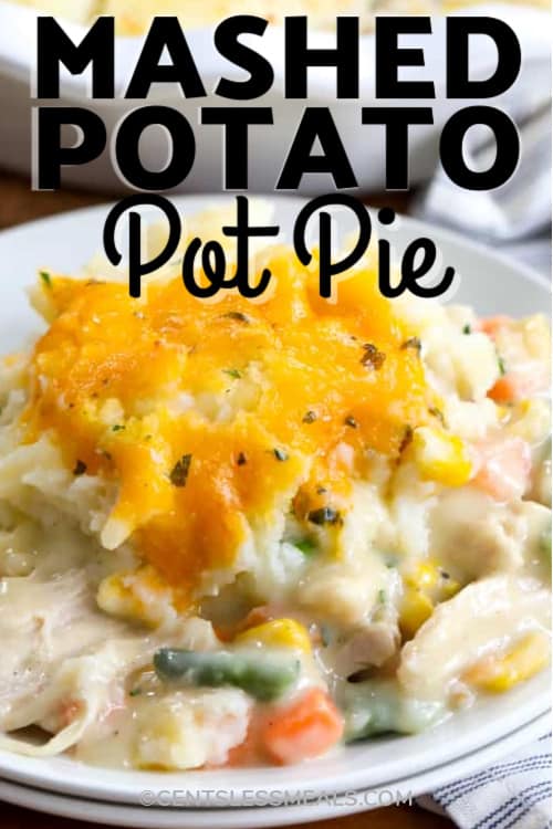 Potato Pot Pie on a white plate with a pie dish in the background with writing