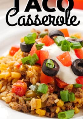 Easy Taco Casserole served in a white bowl with writing