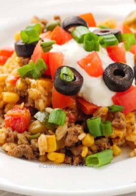 Taco Casserole served on a white plate