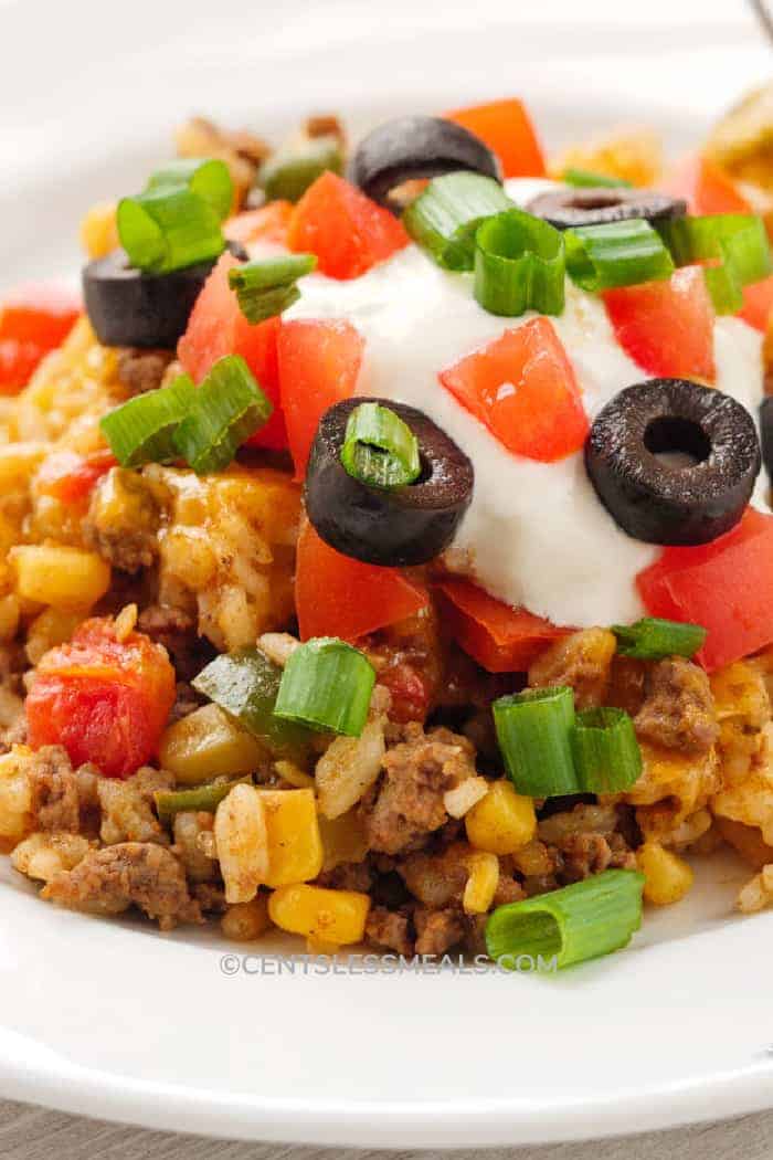 Taco Casserole served on a white plate