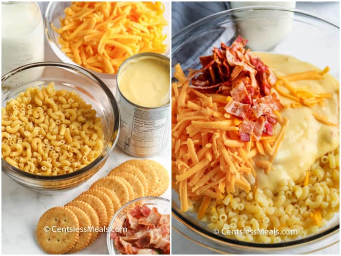 Ingredients assembled to make Creamy Baked Mac and Cheese, and ingredients in a clear bowl.