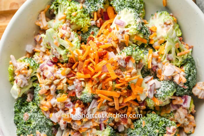 top view of Broccoli Salad with cheese on top