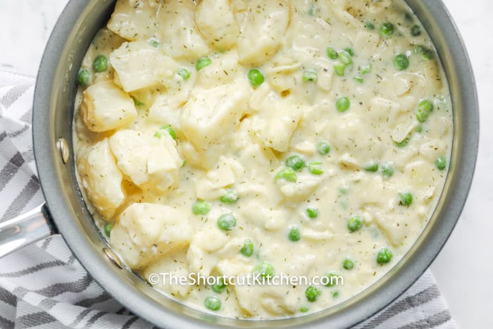 top view of Creamy Potatoes and Peas in pot