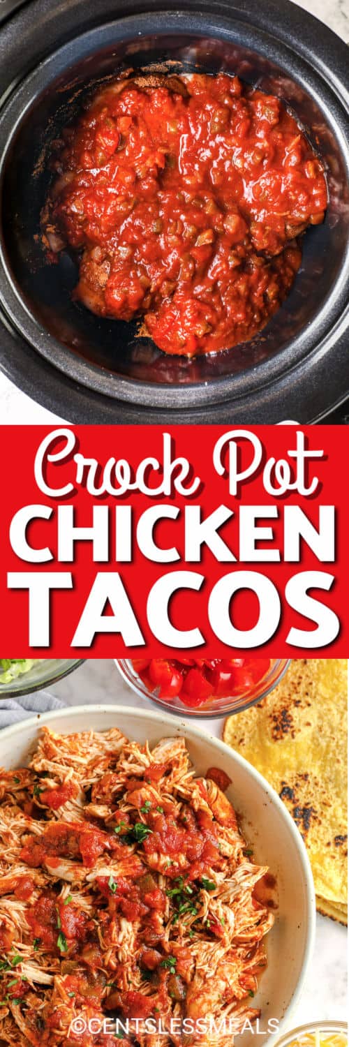 ingredients to make Crock Pot Chicken Tacos in the crock pot and on a table with a title