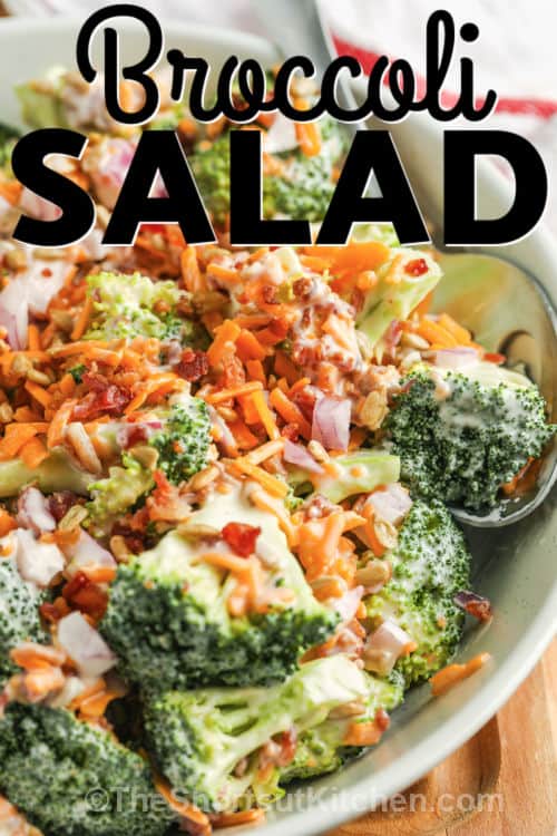 Broccoli Salad in a white plate with a title