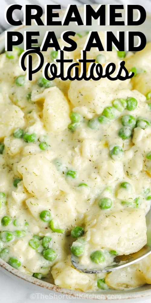 Creamed Peas and Potatoes with writing