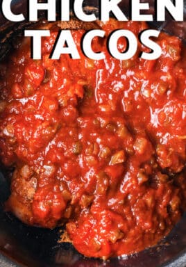 salsa and chicken in crock pot to make Crock Pot Chicken Tacos with a title