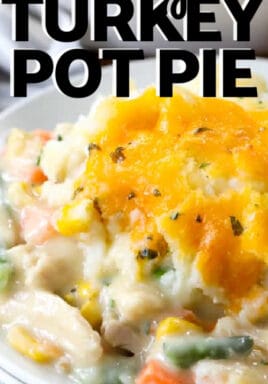 turkey pot pie served on a white plate with a title