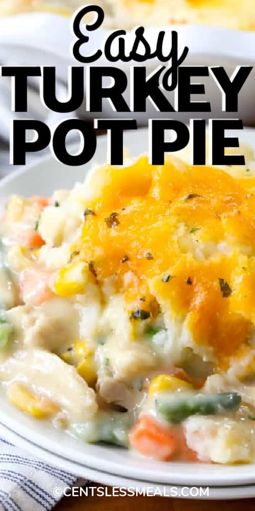 turkey pot pie served on a white plate with a title