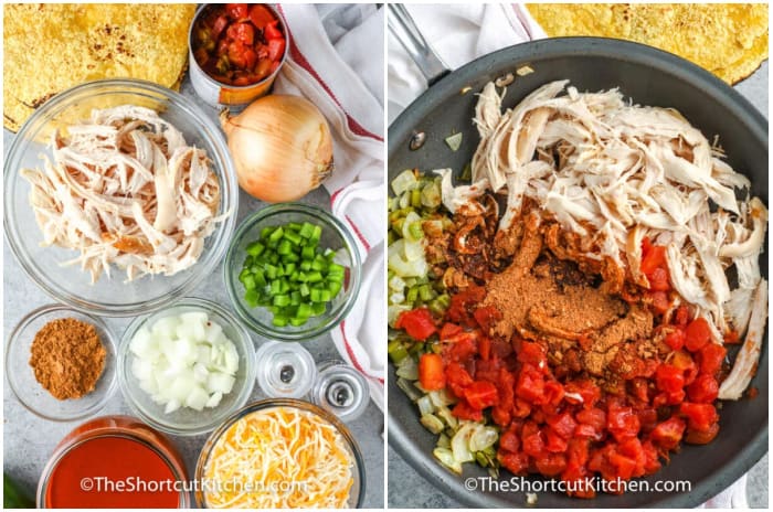 ingredients to make cheesy chicken enchiladas, and ingredients assembled in a frying pan