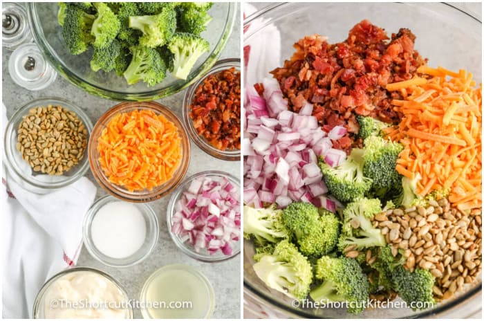 ingredients to make broccoli salad, and the salad assembled in a clear mixing bowl