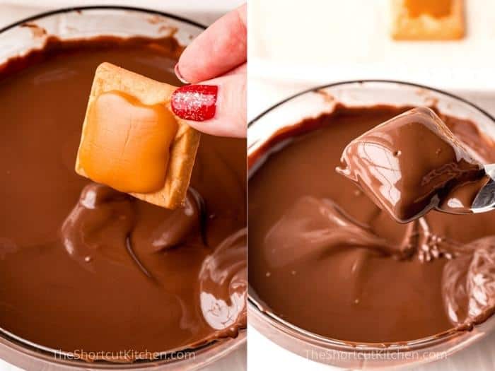process of dipping Millionaire Shortbread into chocolate