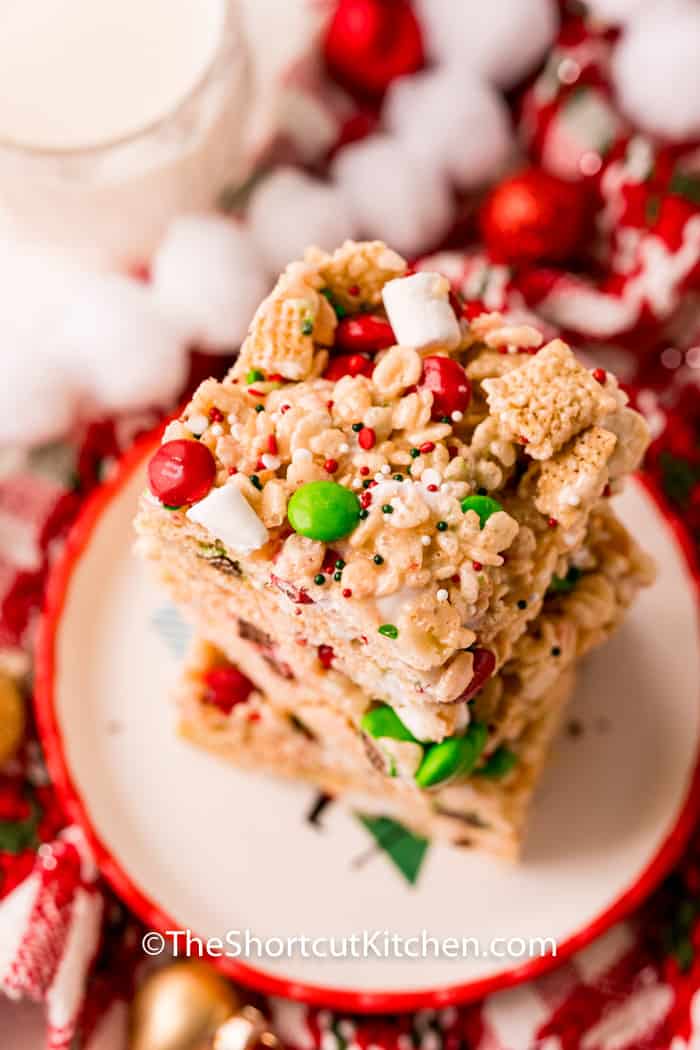 pile of Christmas Rice Krispie Treats on a plate