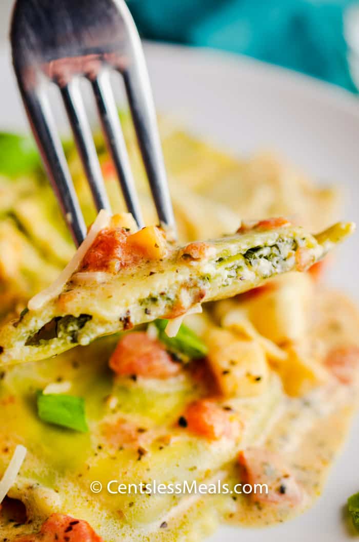 Garden Spinach Ricotta Ravioli on a fork