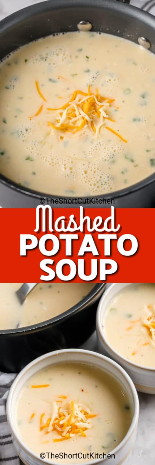 A pot of mashed potato soup, and two bowls of soup under the title.
