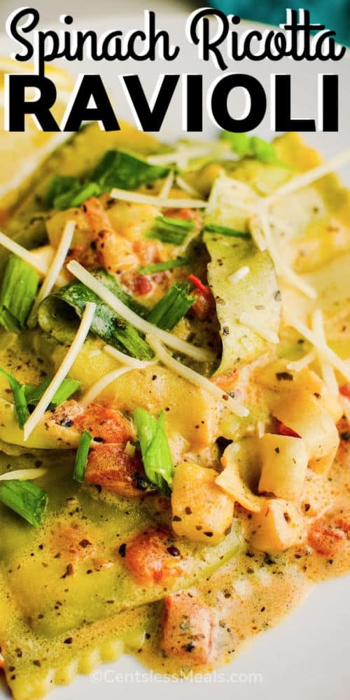 close up of Garden Spinach Ricotta Ravioli with writing