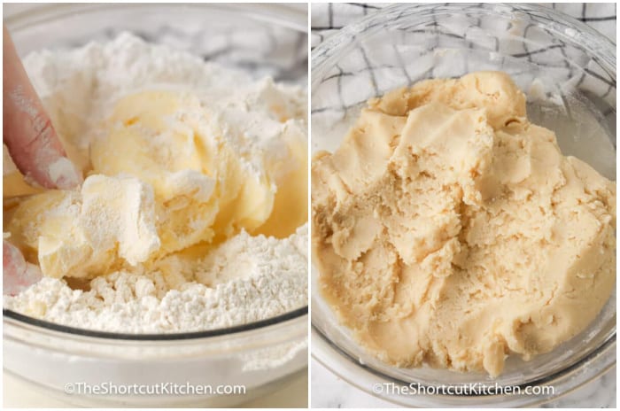 2 pics showing the process of butter incorporated into powdered sugar and flour, and completed cookie dough