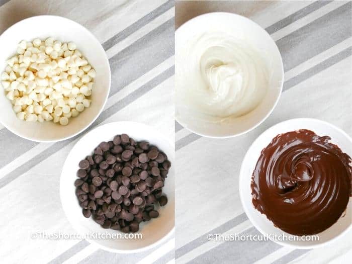 process of melting chocolate chips to make Chocolate Toffee Strawberries