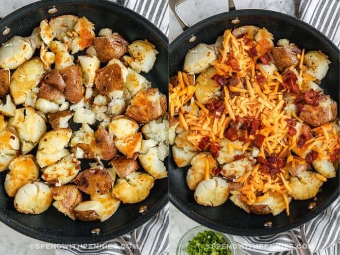 process of adding ingredients to pan to make Crispy Smashed Potatoes