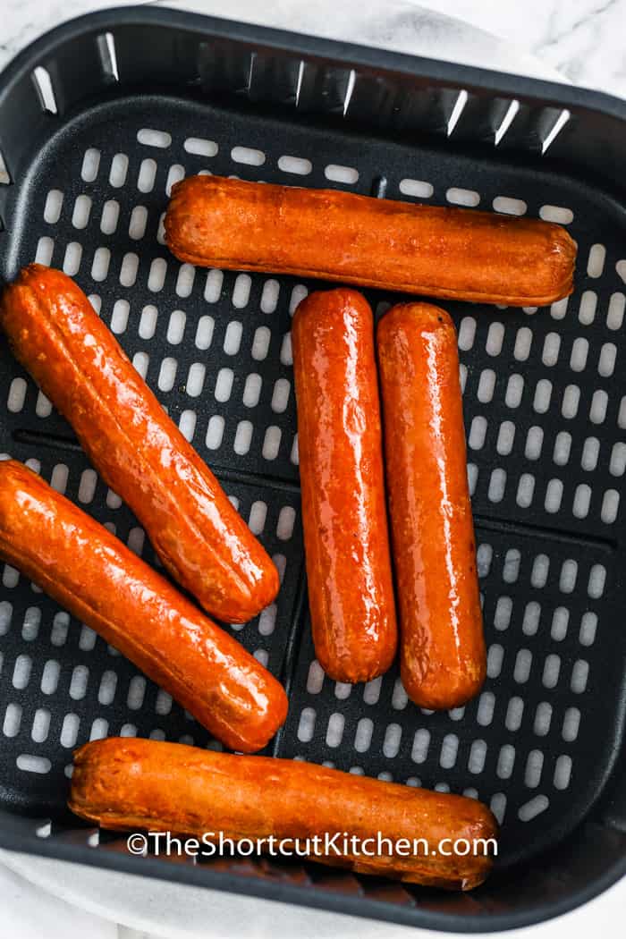 cooked Air Fryer Hot Dogs in the air fryer
