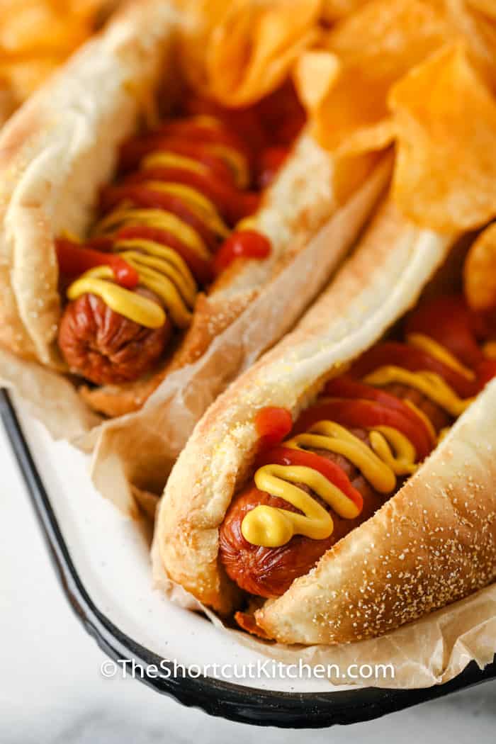 Air Fryer Hot Dogs in a bun with ketchup and mustard