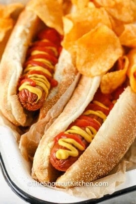 Air Fryer Hot Dogs plated with chips