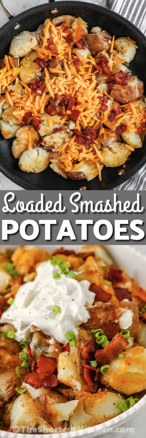 Crispy Smashed Potatoes in the pan and plated with a title