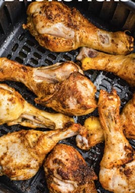 close up of Air Fryer Drumsticks with a title