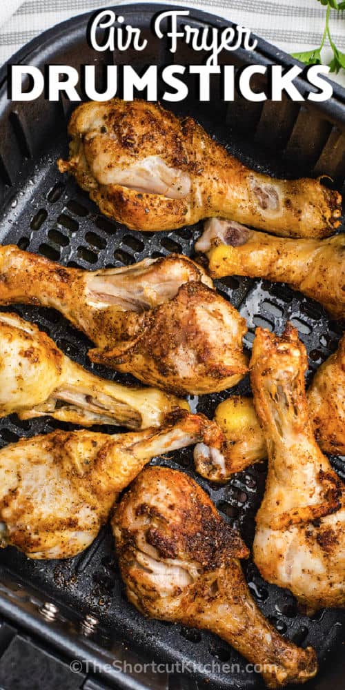 close up of Air Fryer Drumsticks with a title