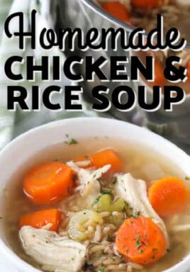 Easy Chicken Rice Soup in a white bowl with a title.