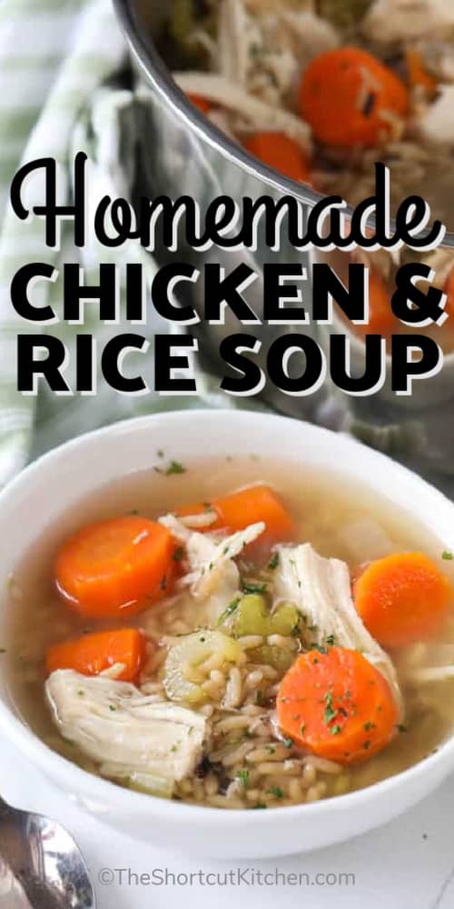 Easy Chicken Rice Soup in a white bowl with a title.