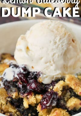 close up of a bowl of Lemon Blueberry Dump Cake with a title