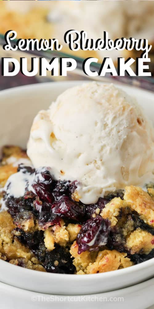 close up of a bowl of Lemon Blueberry Dump Cake with a title